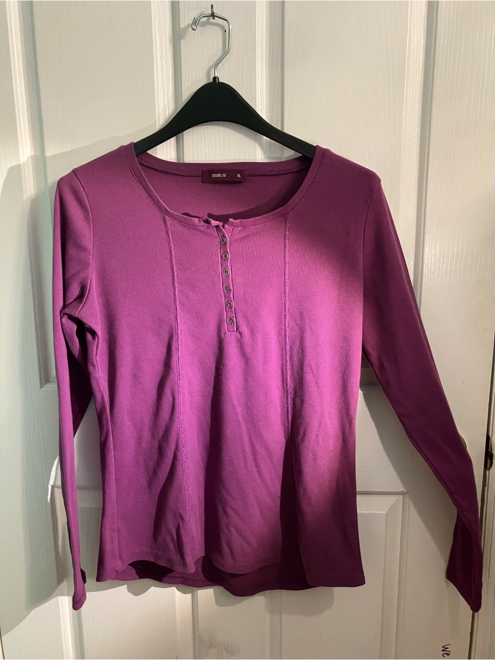 Doublju Women's Long-Sleeve Henley Top in Magenta